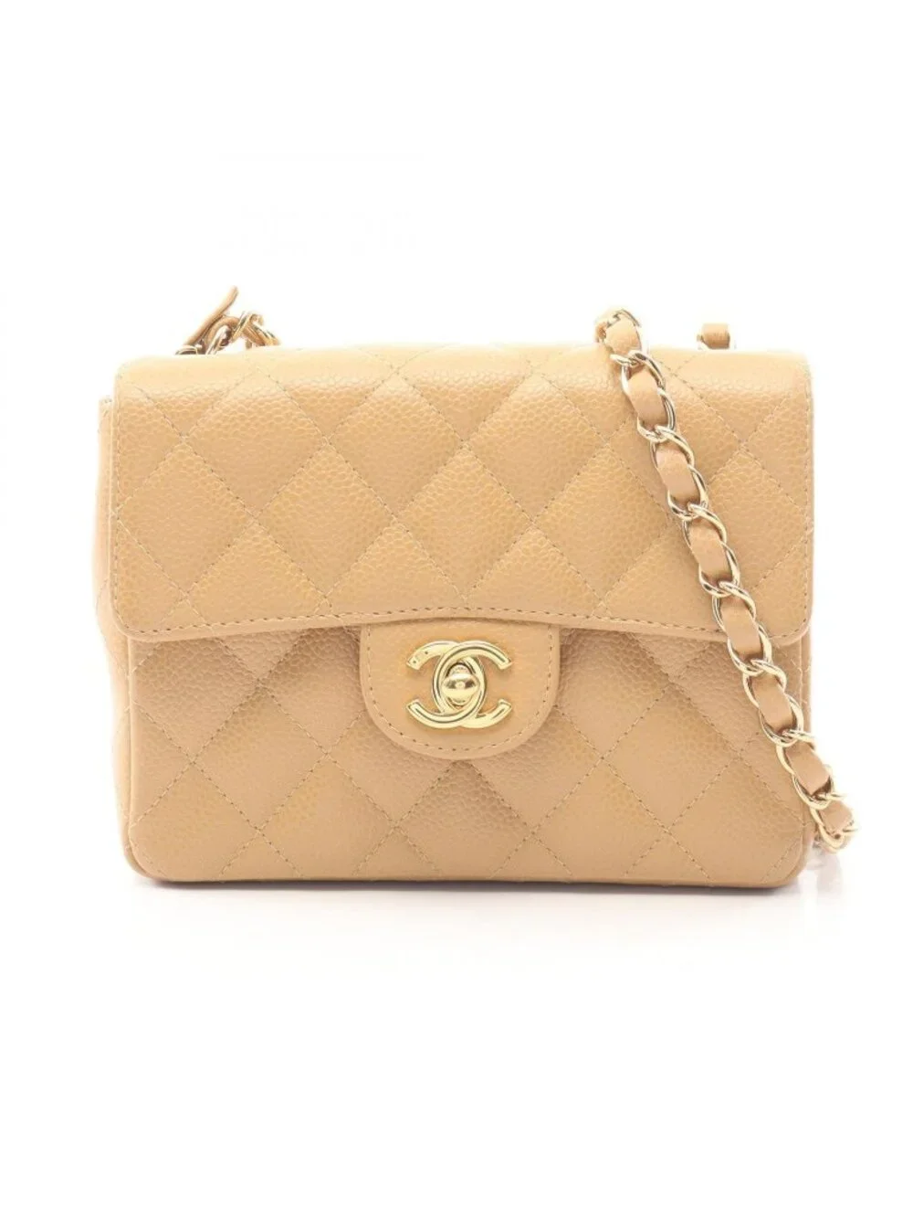 Chanel Shoulder Bag Mini Quilted Beige Caviar Leather Chain